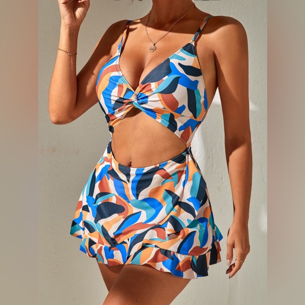 SHEIN Allover Print Cut Out Twist Front One Piece Swimsuit Dress